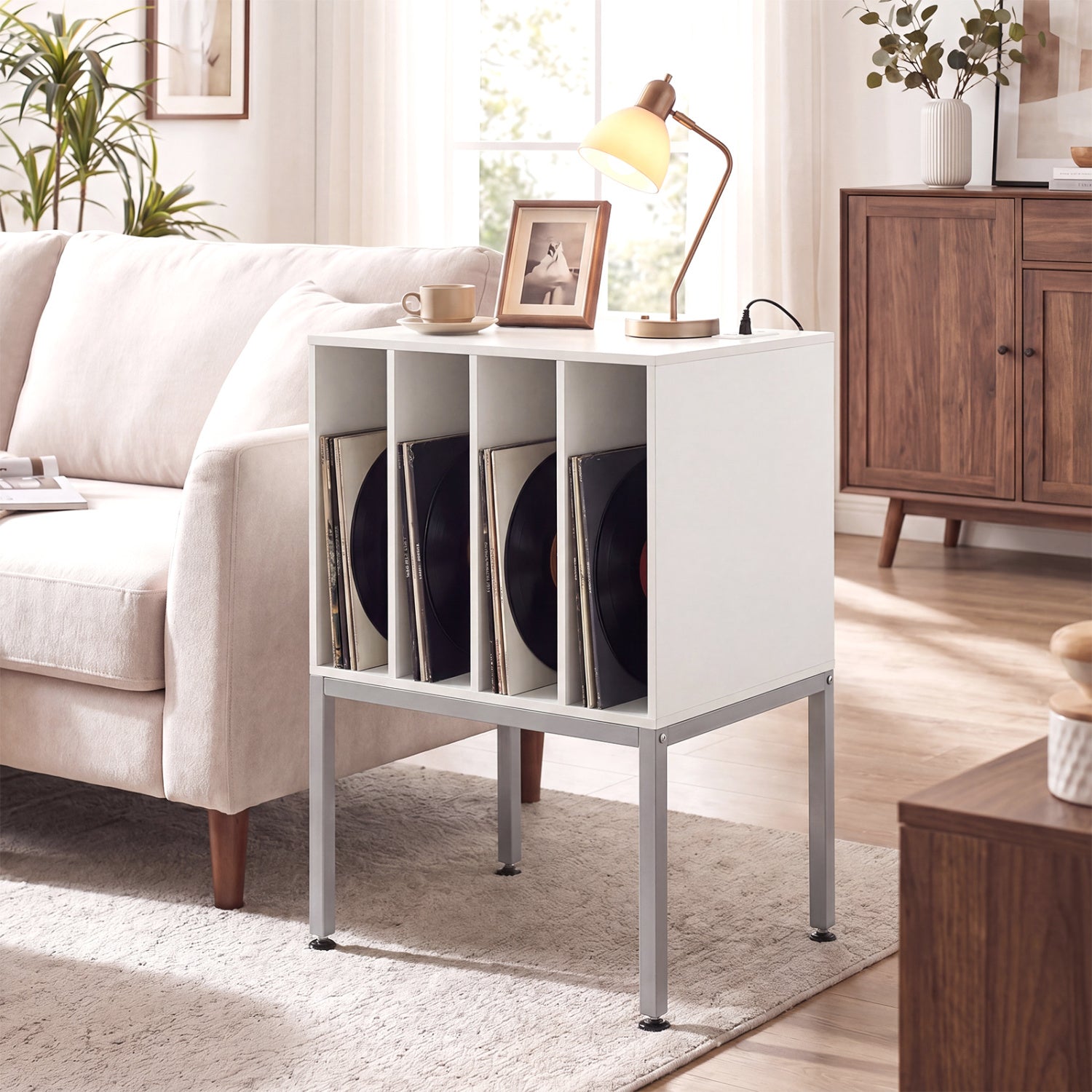 Turntable Record Player Stand With Power Outlets, White End & Side Tables at Gallery Canada