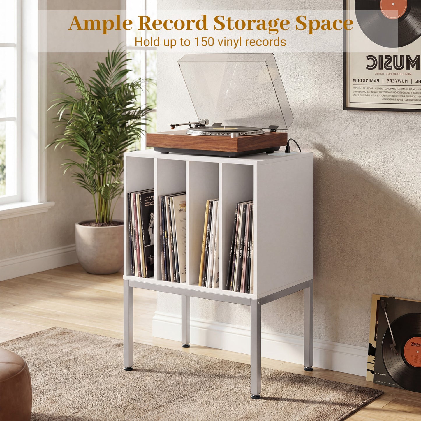 Turntable Record Player Stand With Power Outlets, White End & Side Tables at Gallery Canada