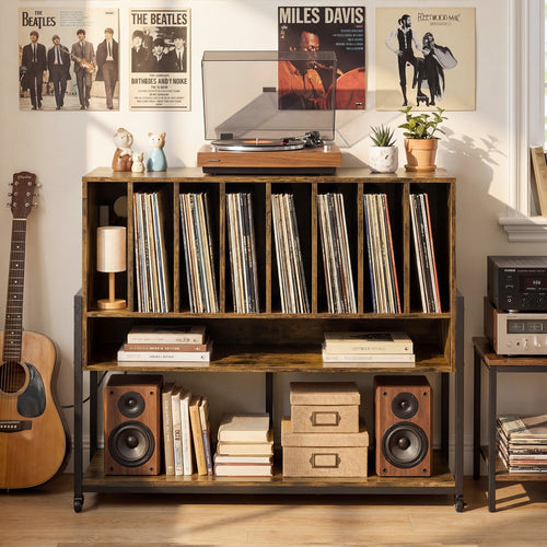 Turntable Stand with Charging Station, Vinyl Shelves, Rustic Brown