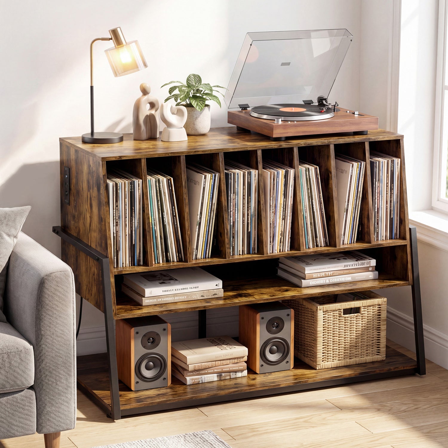 Turntable Stand with Charging Station, Vinyl Shelves, Rustic Brown End & Side Tables at Gallery Canada