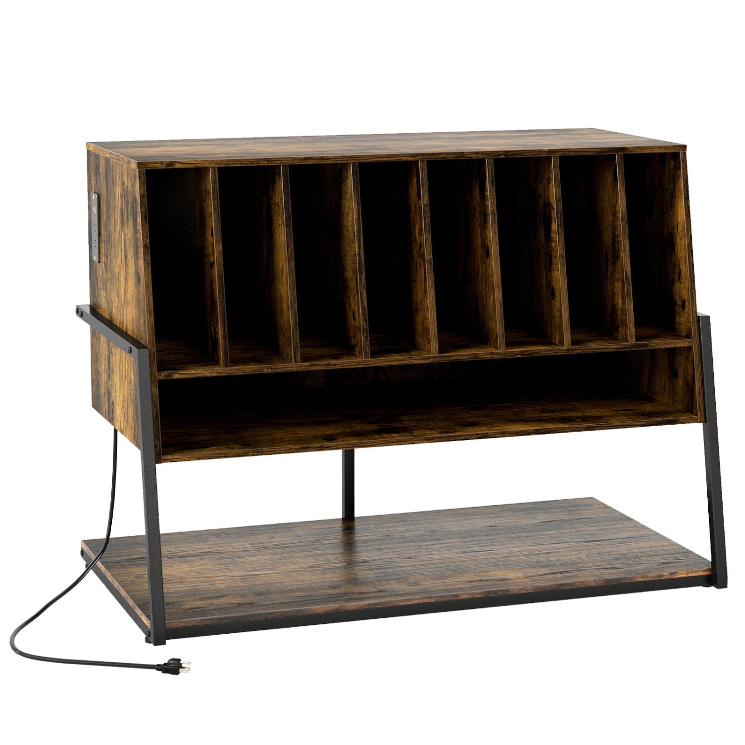 Turntable Stand with Charging Station, Vinyl Shelves, Rustic Brown End & Side Tables Rustic Brown at Gallery Canada