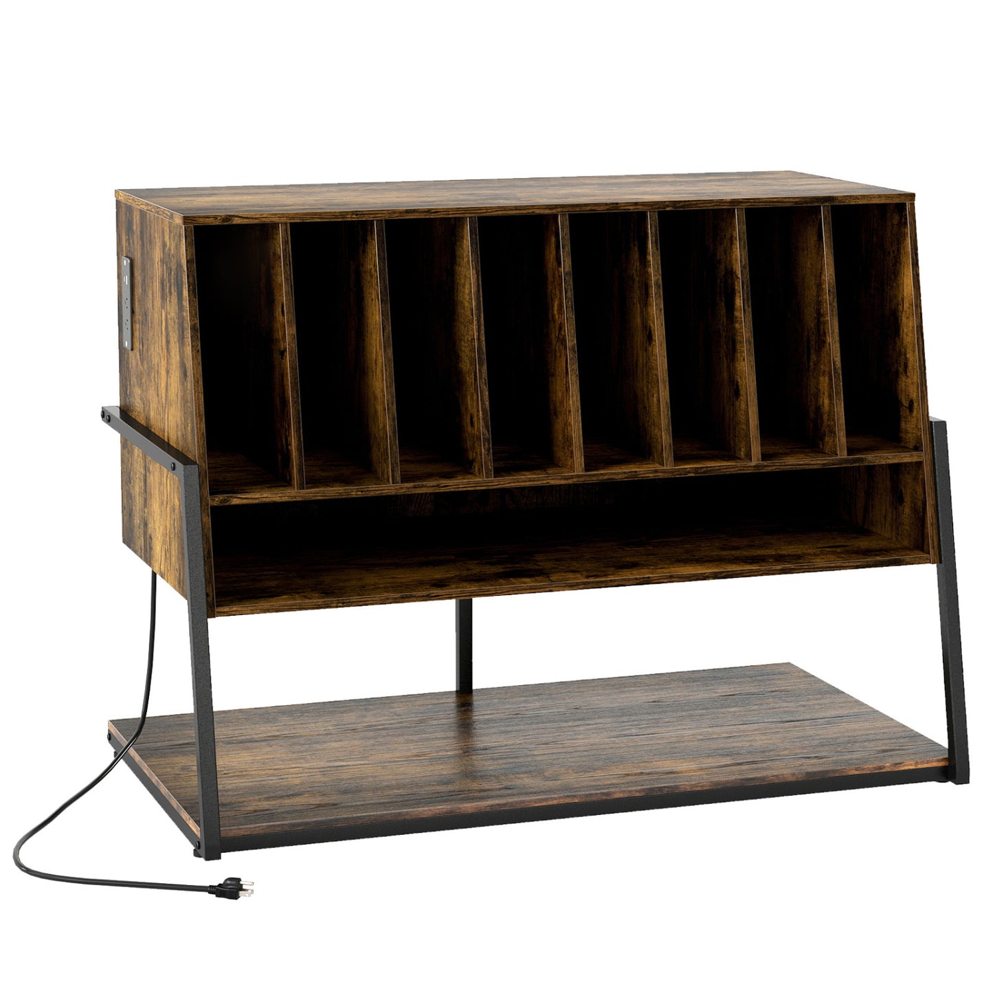 Turntable Stand with Charging Station, Vinyl Shelves, Rustic Brown End & Side Tables Rustic Brown at Gallery Canada
