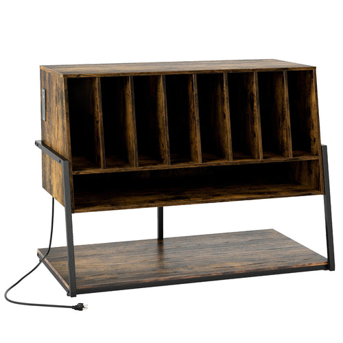 Turntable Stand with Charging Station, Vinyl Shelves, Rustic Brown