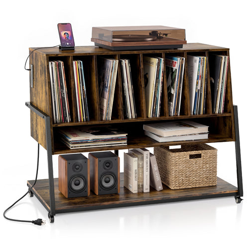 Turntable Stand with Charging Station, Vinyl Shelves, Rustic Brown