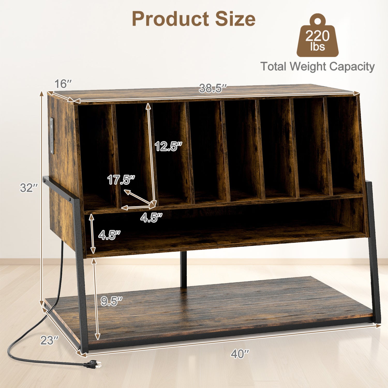 Turntable Stand with Charging Station, Vinyl Shelves, Rustic Brown End & Side Tables at Gallery Canada