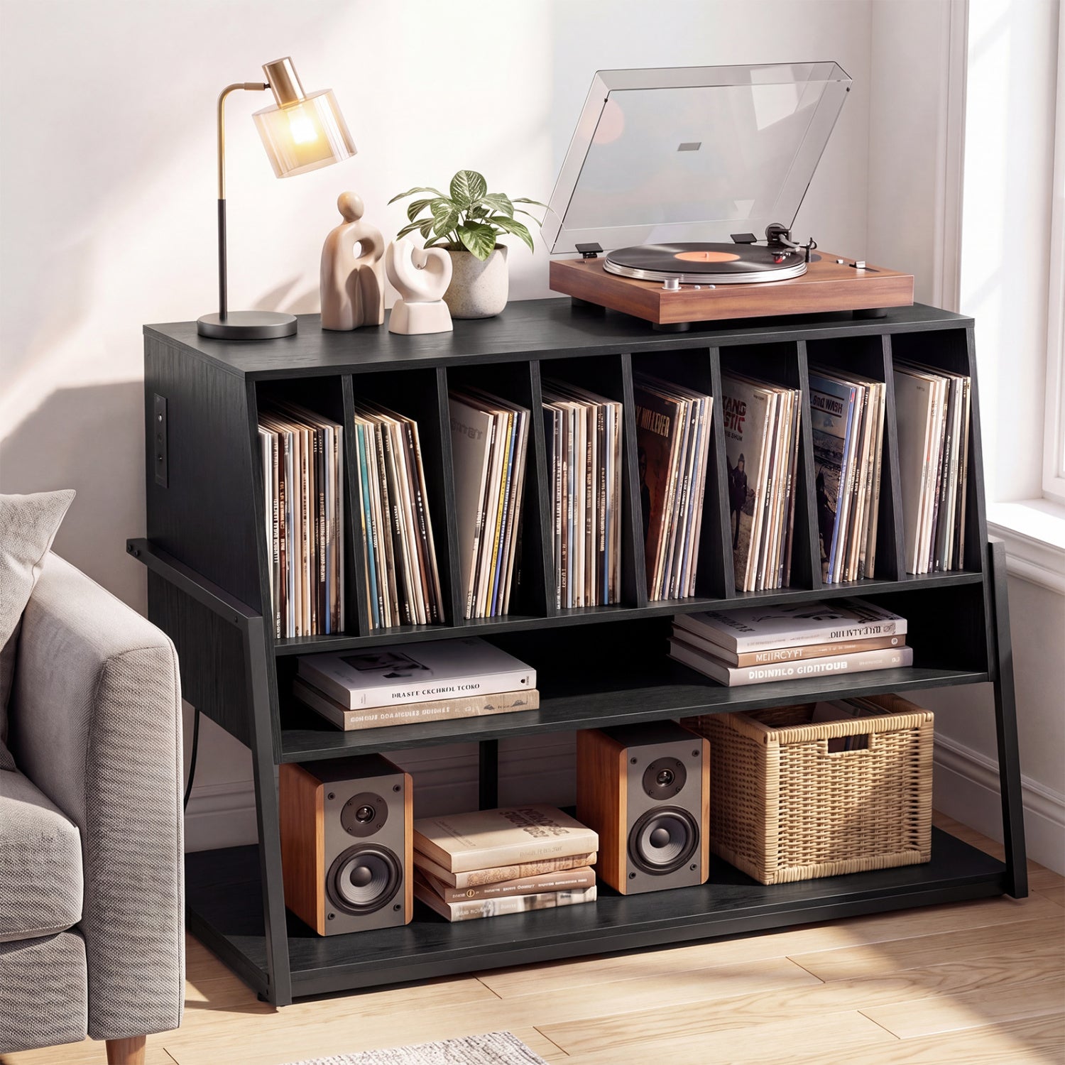 Turntable Stand With Vinyl Shelves, Charging Station, Black End & Side Tables at Gallery Canada