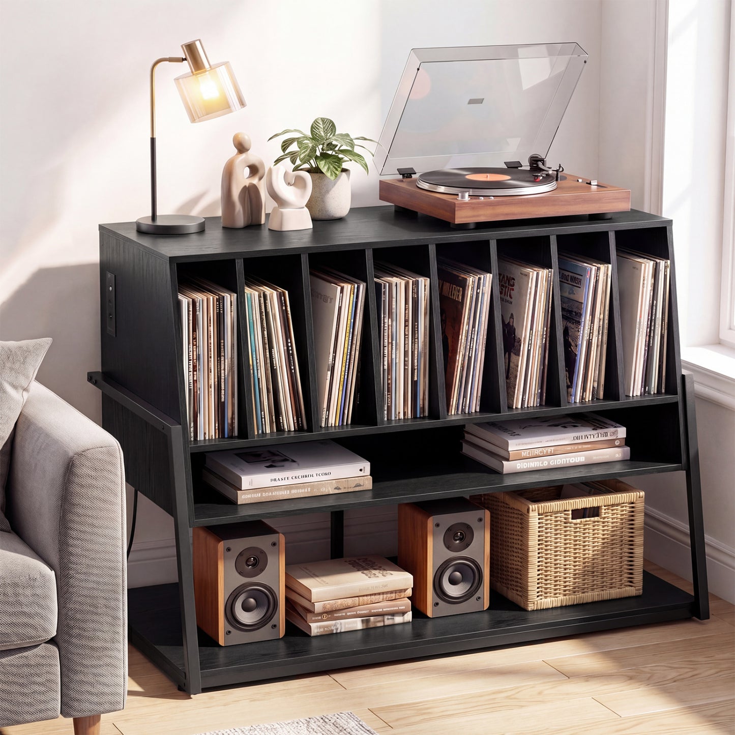 Turntable Stand With Vinyl Shelves, Charging Station, Black End & Side Tables at Gallery Canada