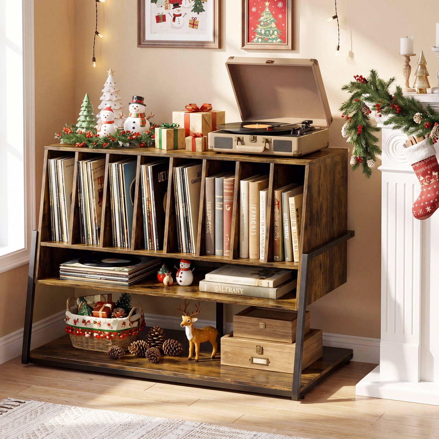 Turntable Stand with Charging Station, Vinyl Shelves, Rustic Brown End & Side Tables at Gallery Canada
