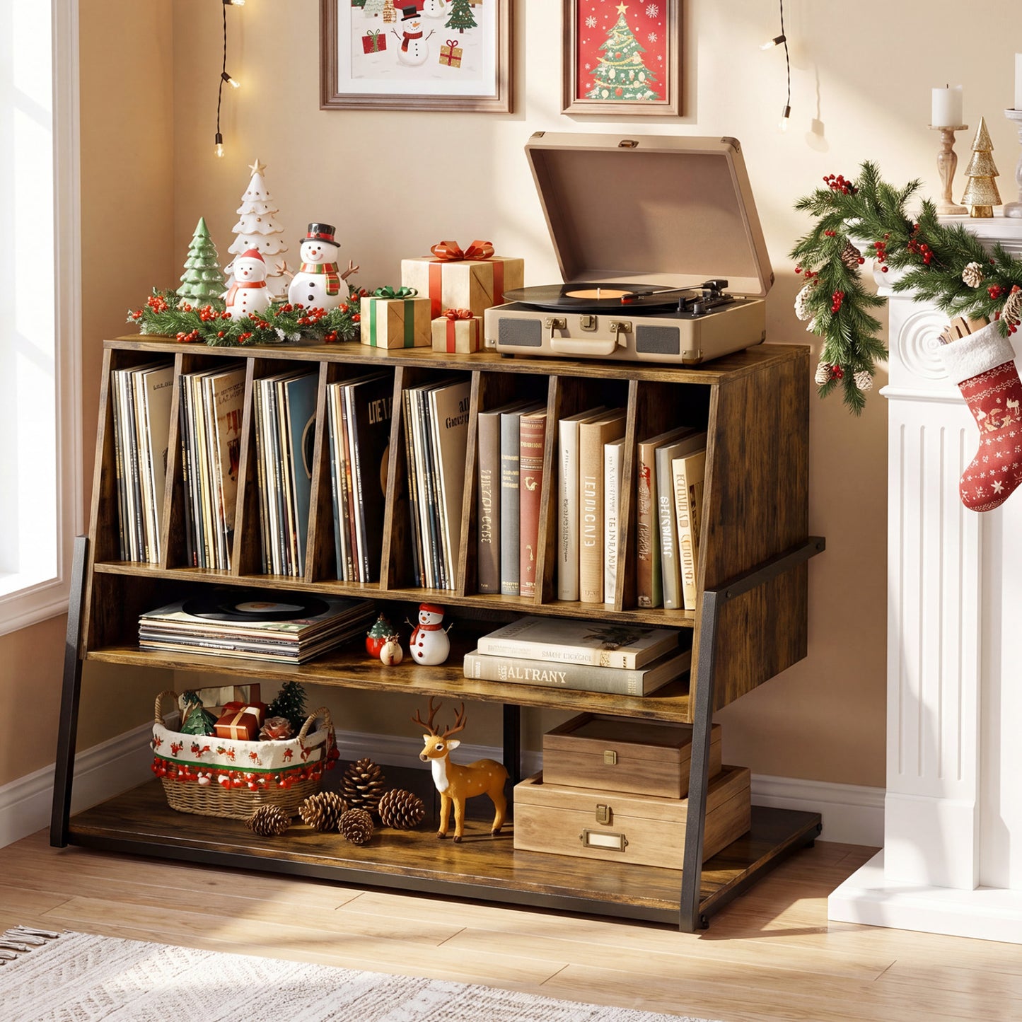 Turntable Stand with Charging Station, Vinyl Shelves, Rustic Brown End & Side Tables at Gallery Canada
