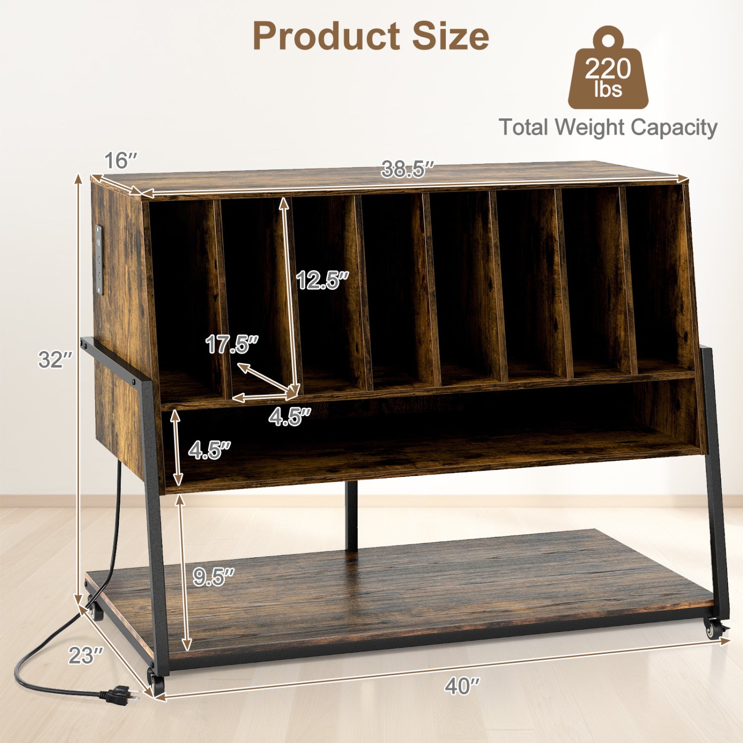 Turntable Stand with Charging Station, Vinyl Shelves, Rustic Brown End & Side Tables at Gallery Canada