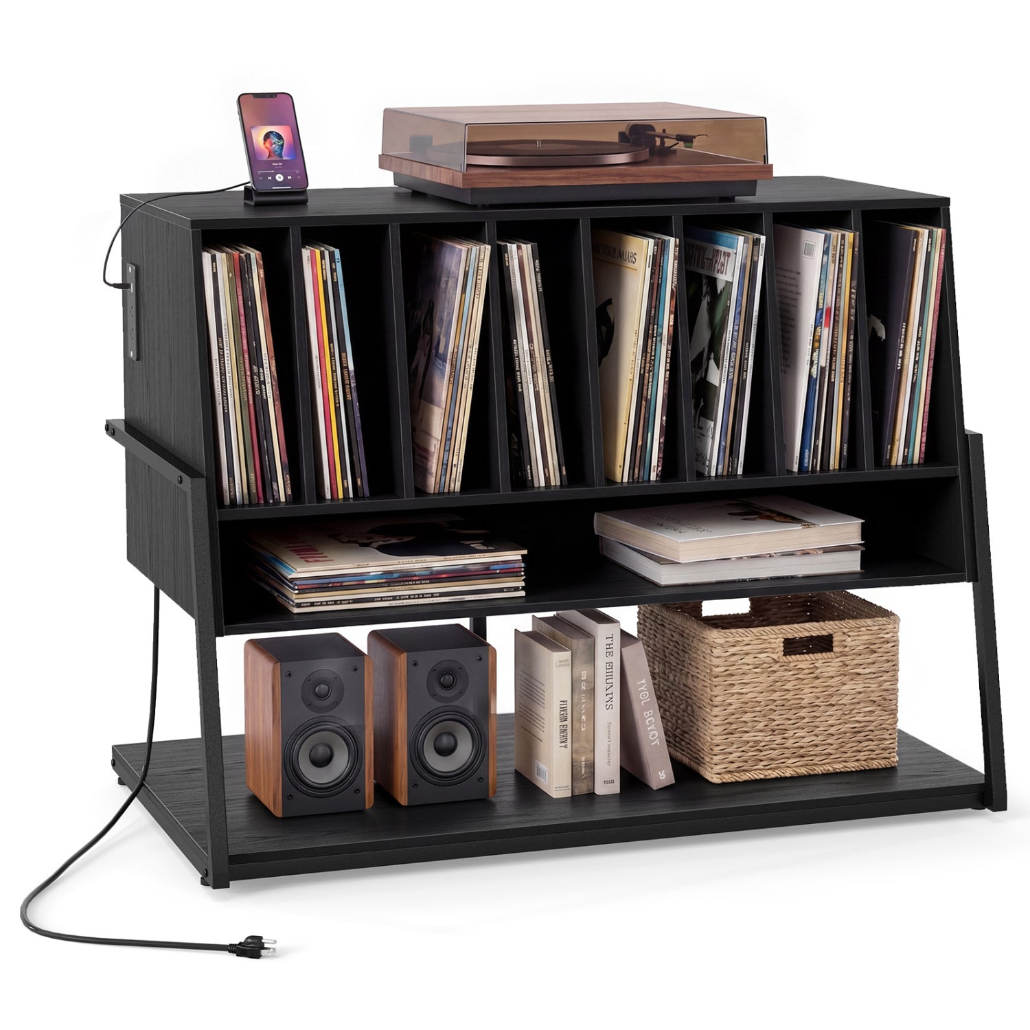 Turntable Stand With Vinyl Shelves, Charging Station, Black End & Side Tables at Gallery Canada