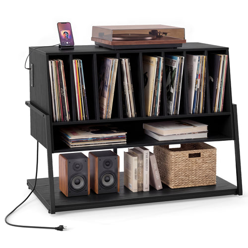 Turntable Stand With Vinyl Shelves, Charging Station, Black