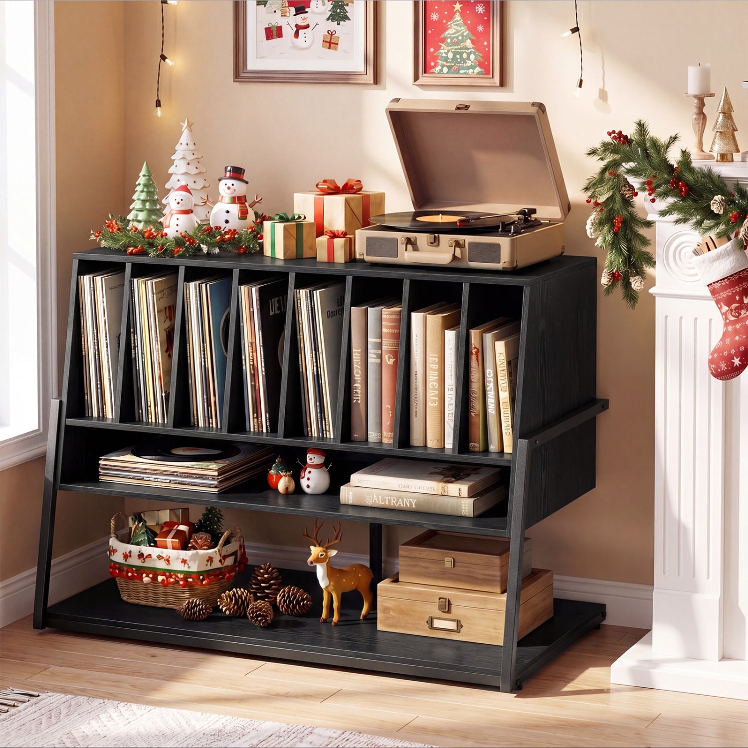 Turntable Stand With Vinyl Shelves, Charging Station, Black End & Side Tables at Gallery Canada