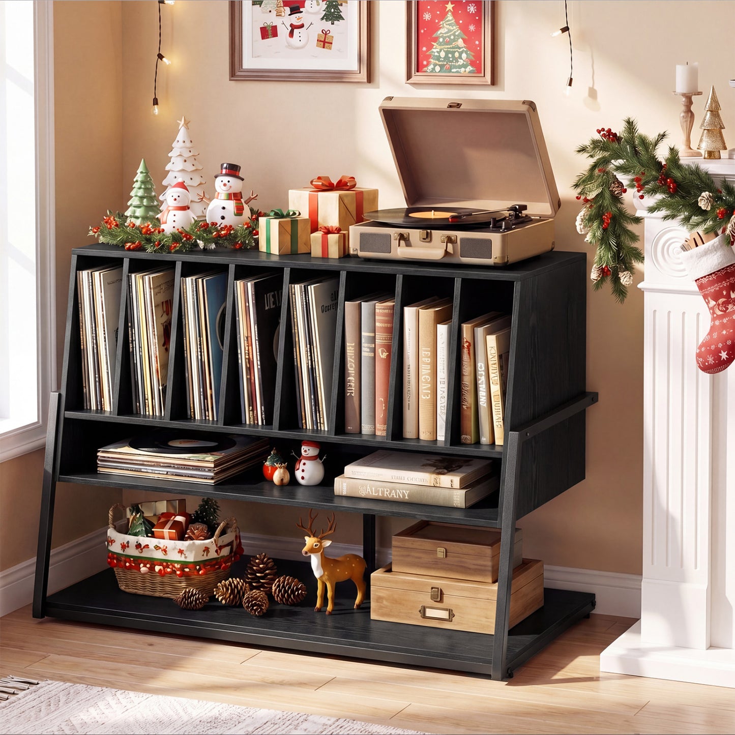 Turntable Stand With Vinyl Shelves, Charging Station, Black End & Side Tables at Gallery Canada