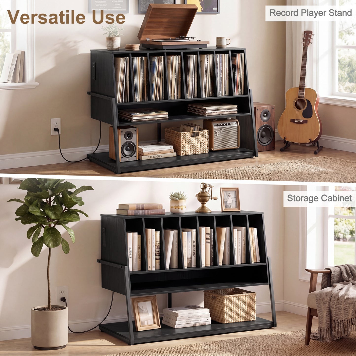 Turntable Stand With Vinyl Shelves, Charging Station, Black End & Side Tables at Gallery Canada