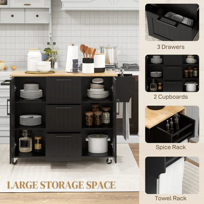 Rolling Kitchen Cart, Drop Leaf, 3 Drawers, Solid Wood Top, Black Kitchen Islands & Kitchen Carts at Gallery Canada