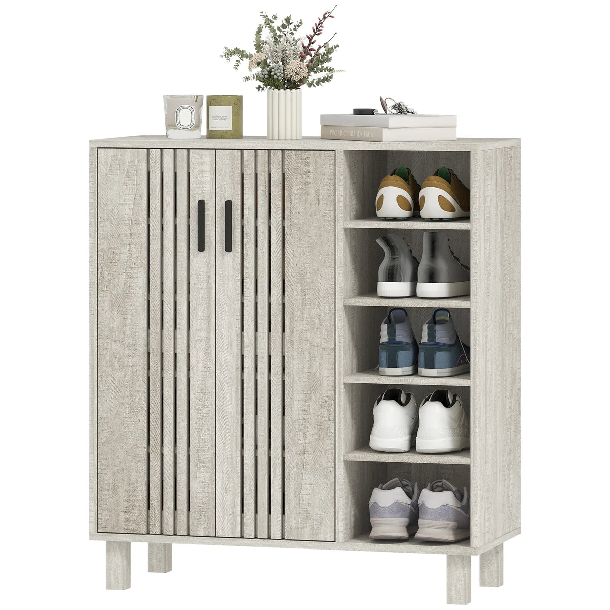 Shoe Storage with Double Doors, Open Shelves, 17 Pair, Light Grey