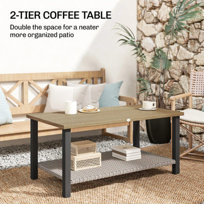 2-Tier Rectangle Outdoor Coffee Table, Wood-Effect Metal Top, Wicker Shelf, Brown Patio Side Tables at Gallery Canada