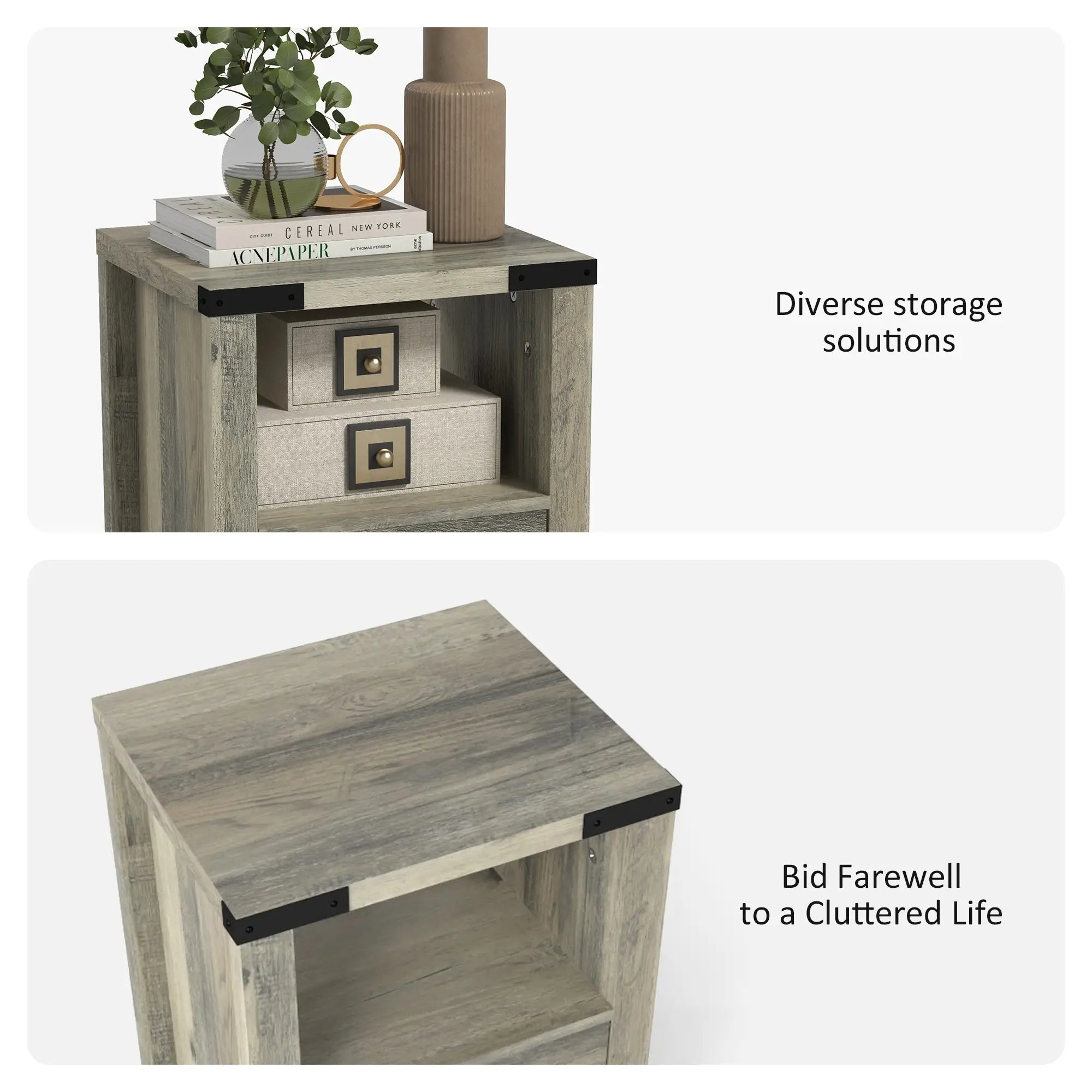 Farmhouse Side Table with Storage, Drawer, Open Shelf, Grey Side Tables at Gallery Canada