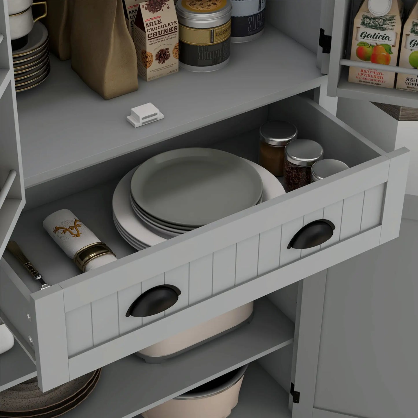 71" Kitchen Pantry Cabinet, LED Lights, 6 Spice Racks, Drawer, 4 Shelves, Grey Kitchen Pantry Cabinets at Gallery Canada