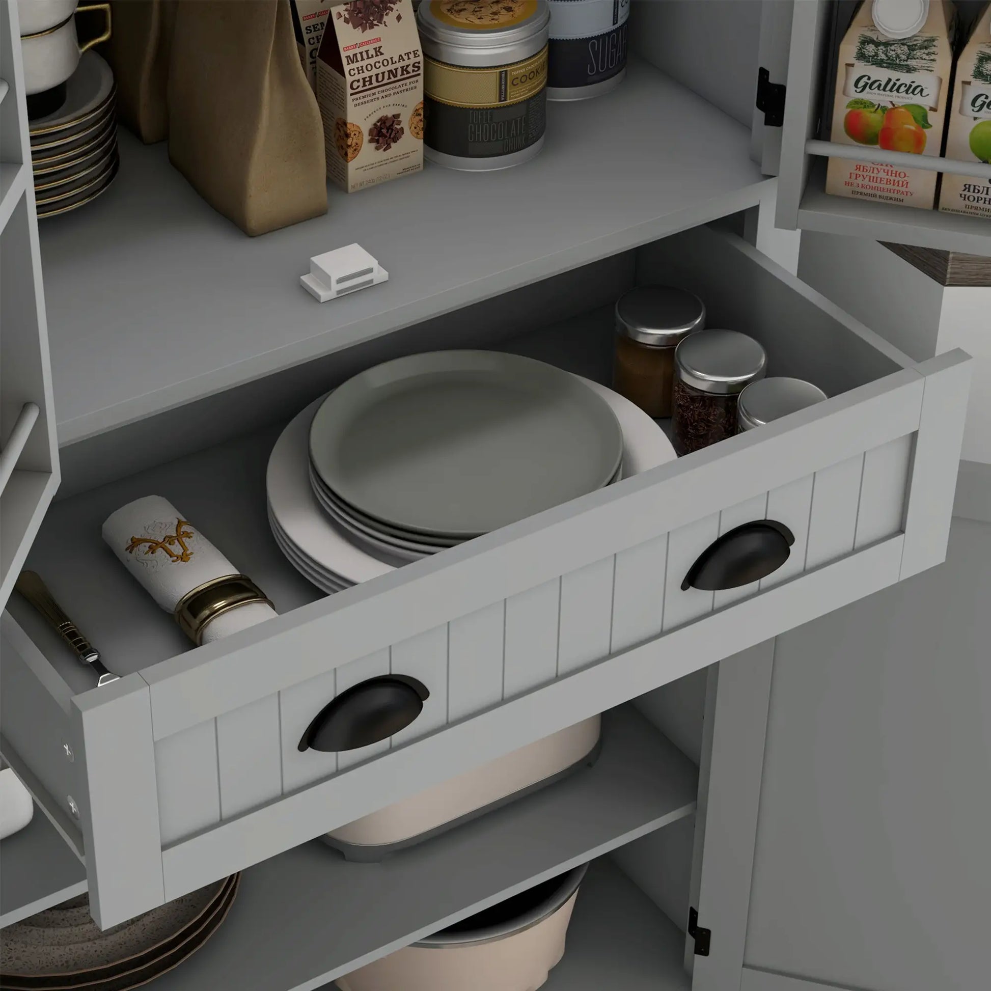 71" Kitchen Pantry Cabinet, LED Lights, 6 Spice Racks, Drawer, 4 Shelves, Grey Kitchen Pantry Cabinets at Gallery Canada