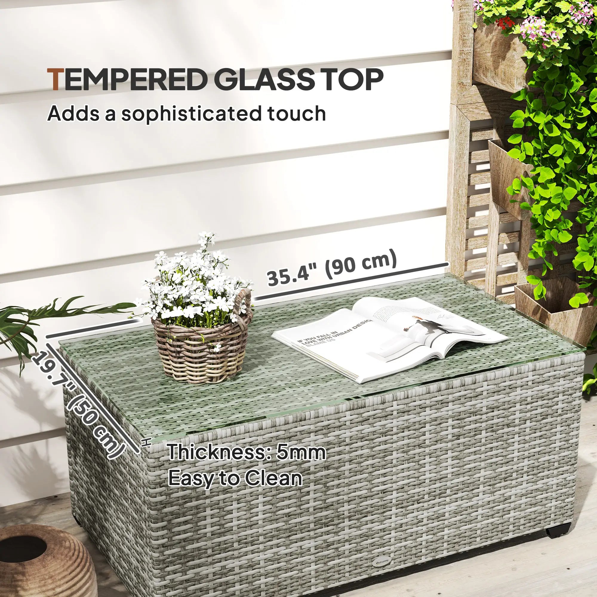 PE Wicker Outdoor Coffee Table, Rectangular Patio Table With Tempered Glass Top, Light Grey Patio Side Tables at Gallery Canada