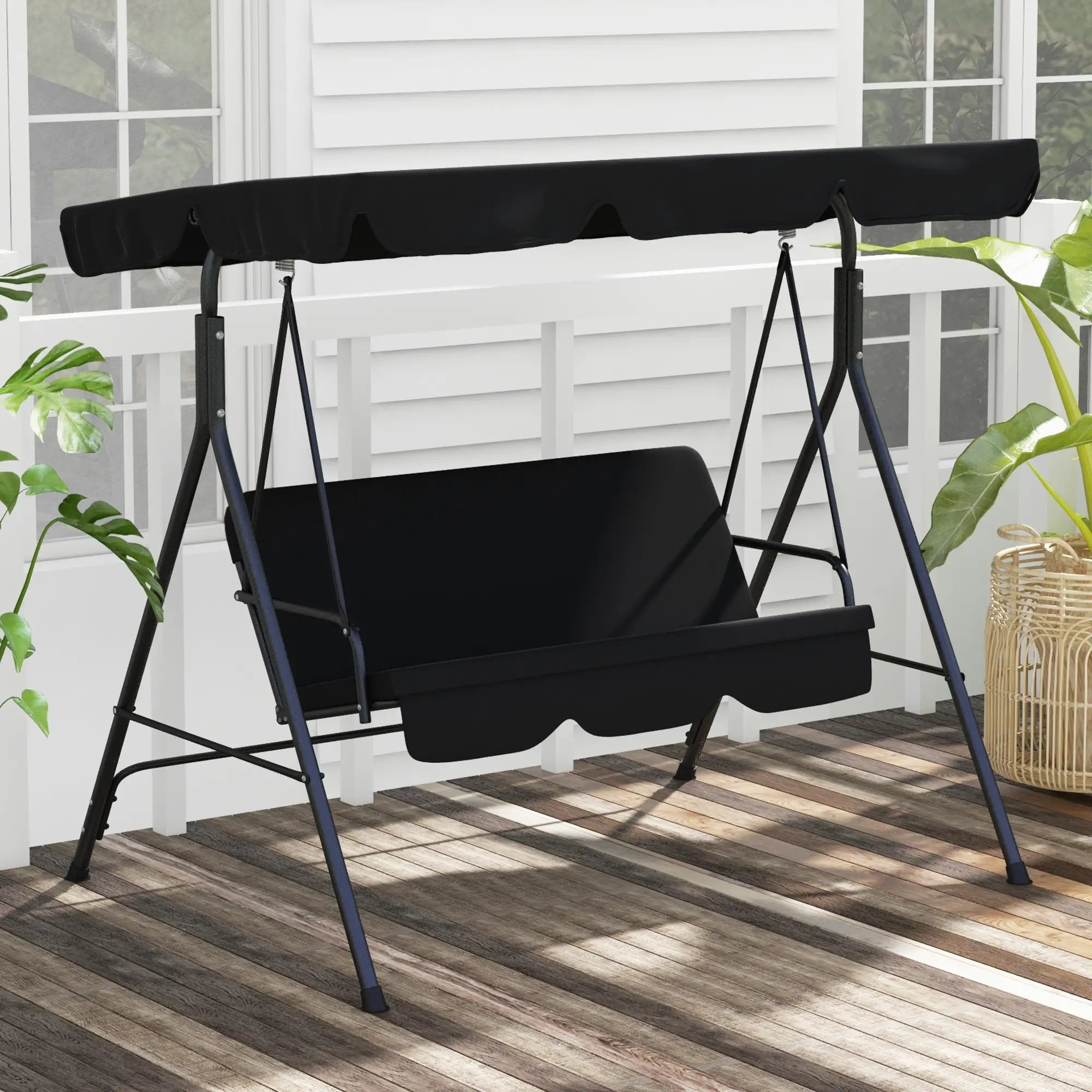 3-Seater Outdoor Porch Swing, Adjustable Canopy, Black Patio Swings with Stand at Gallery Canada
