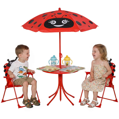 Kids Folding Picnic Table, Chair Set, Adjustable Umbrella, Red