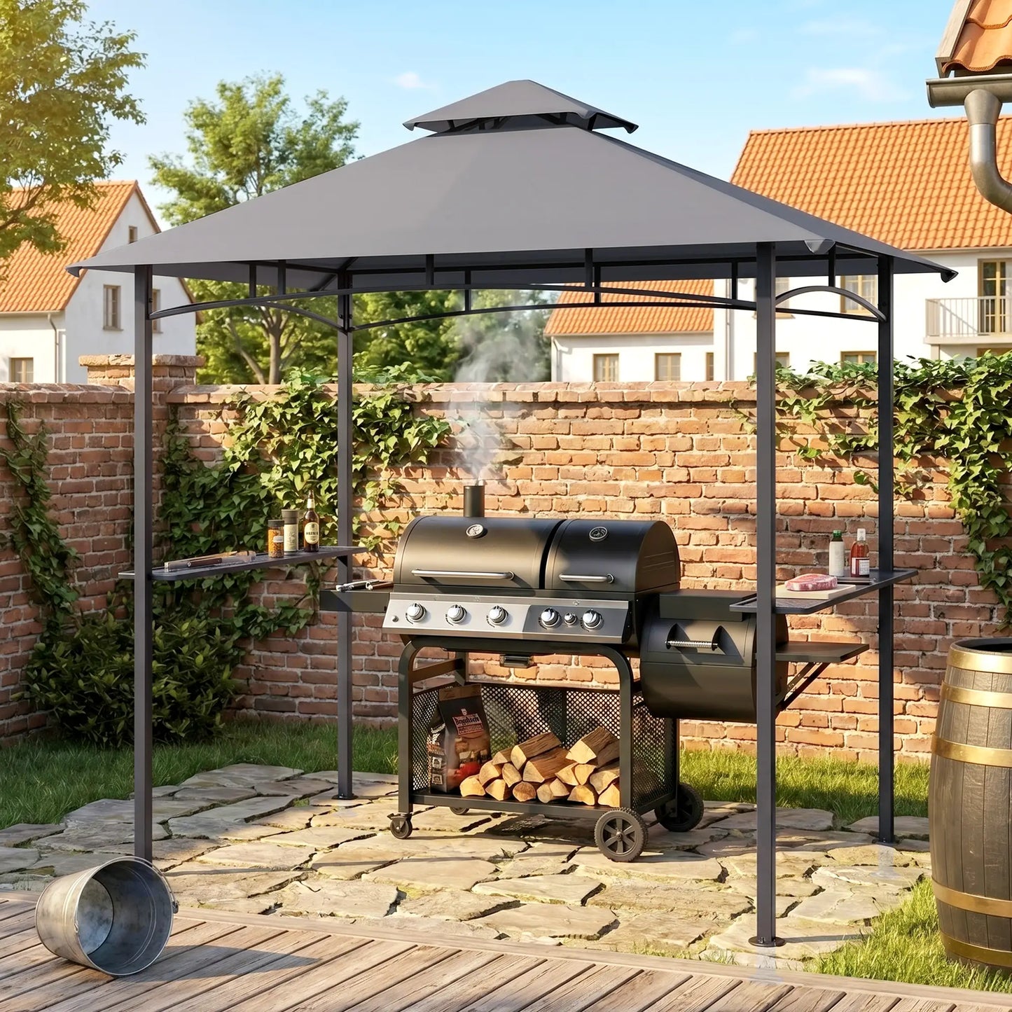 8' x 5' BBQ Grill Gazebo Tent, Double Tiered Canopy, Outdoor Sun Shade, Grey BBQ Grill Gazebos at Gallery Canada