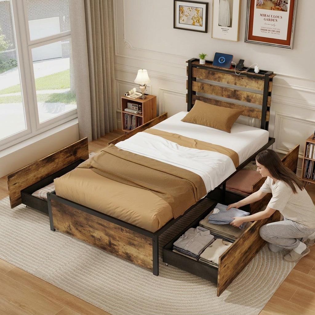 Twin Bed Frame With 4 Storage Drawers, Rustic Brown Beds & Bed Frames at Gallery Canada