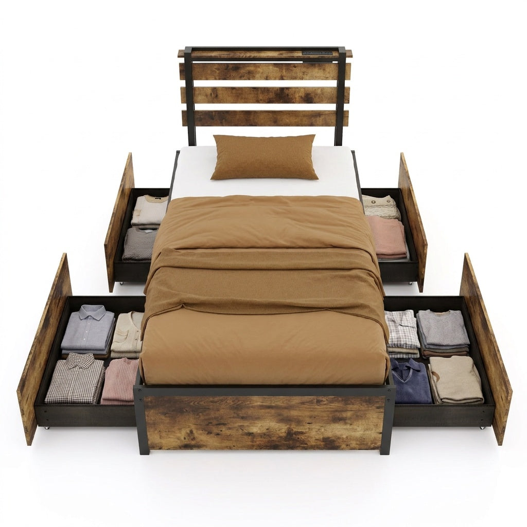 Twin Bed Frame With 4 Storage Drawers, Rustic Brown Beds & Bed Frames at Gallery Canada