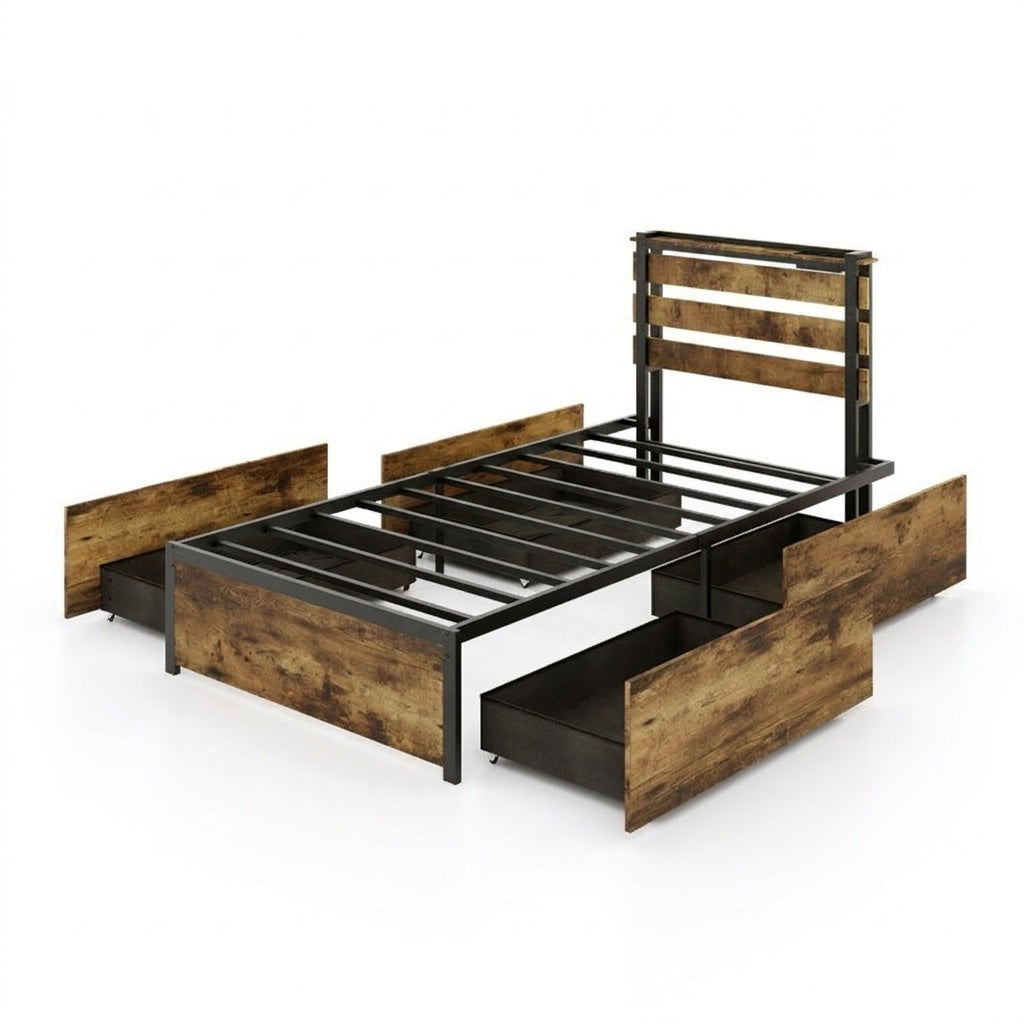 Twin Bed Frame With 4 Storage Drawers, Rustic Brown Beds & Bed Frames at Gallery Canada