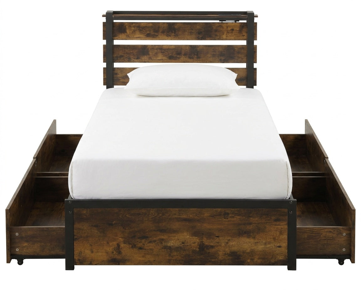 Twin Bed Frame With 4 Storage Drawers, Rustic Brown Beds & Bed Frames Rustic Brown at Gallery Canada
