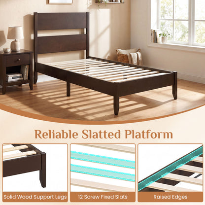 Twin Bed Frame with Headboard, Solid Wood Legs, 12 Slats, Rustic Brown