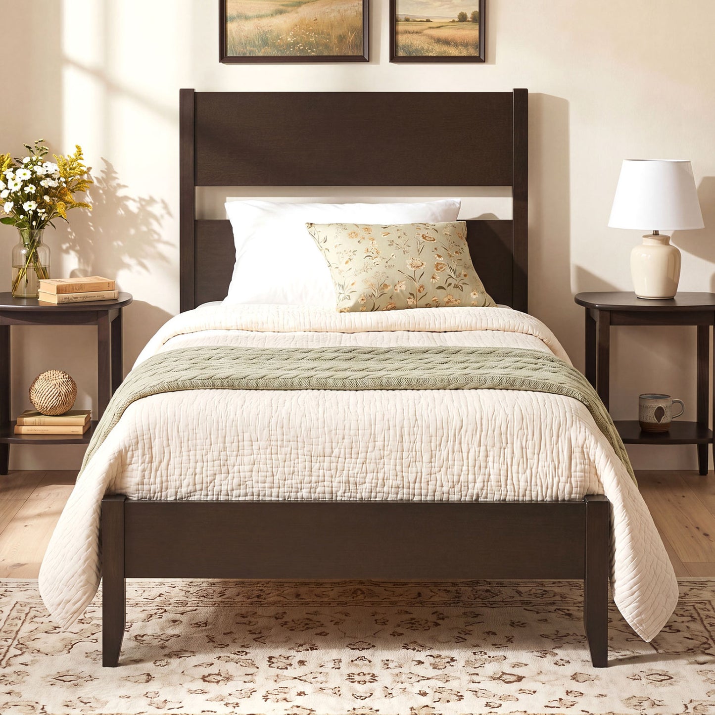 Twin Bed Frame with Headboard, Solid Wood Legs, 12 Slats, Warm Brown