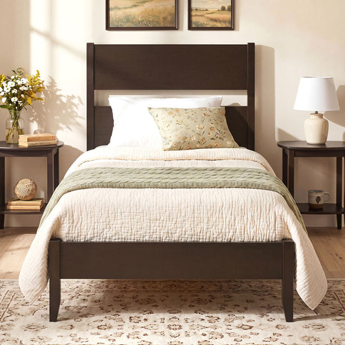 Twin Bed Frame with Headboard, Solid Wood Legs, 12 Slats, Warm Brown