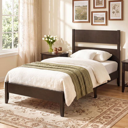 Twin Bed Frame with Headboard, Solid Wood Legs, 12 Slats, Warm Brown