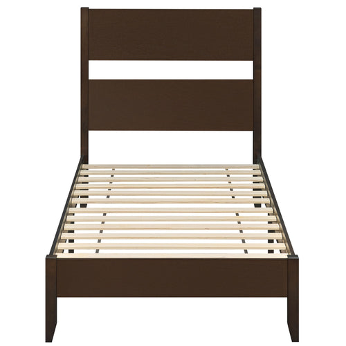 Twin Bed Frame with Headboard, Solid Wood Legs, 12 Slats, Warm Brown