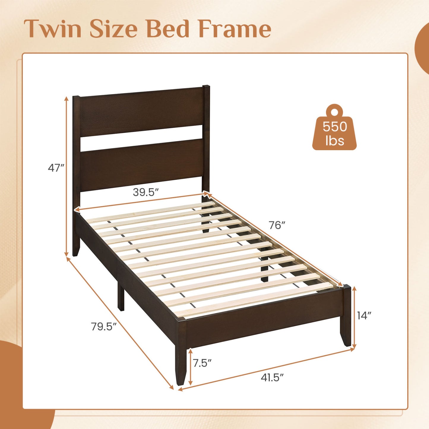 Twin Bed Frame with Headboard, Solid Wood Legs, 12 Slats, Warm Brown