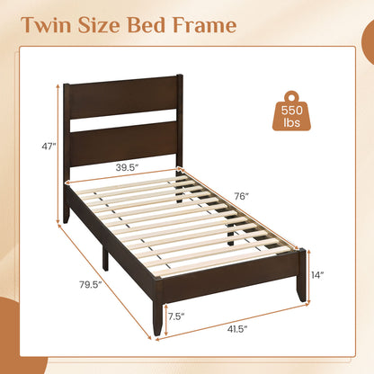 Twin Bed Frame with Headboard, Solid Wood Legs, 12 Slats, Warm Brown