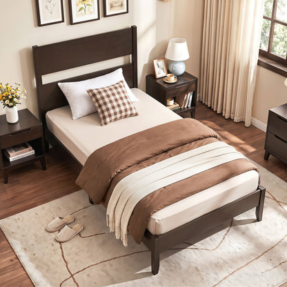 Twin Bed Frame with Headboard, Solid Wood Legs, 12 Slats, Warm Brown