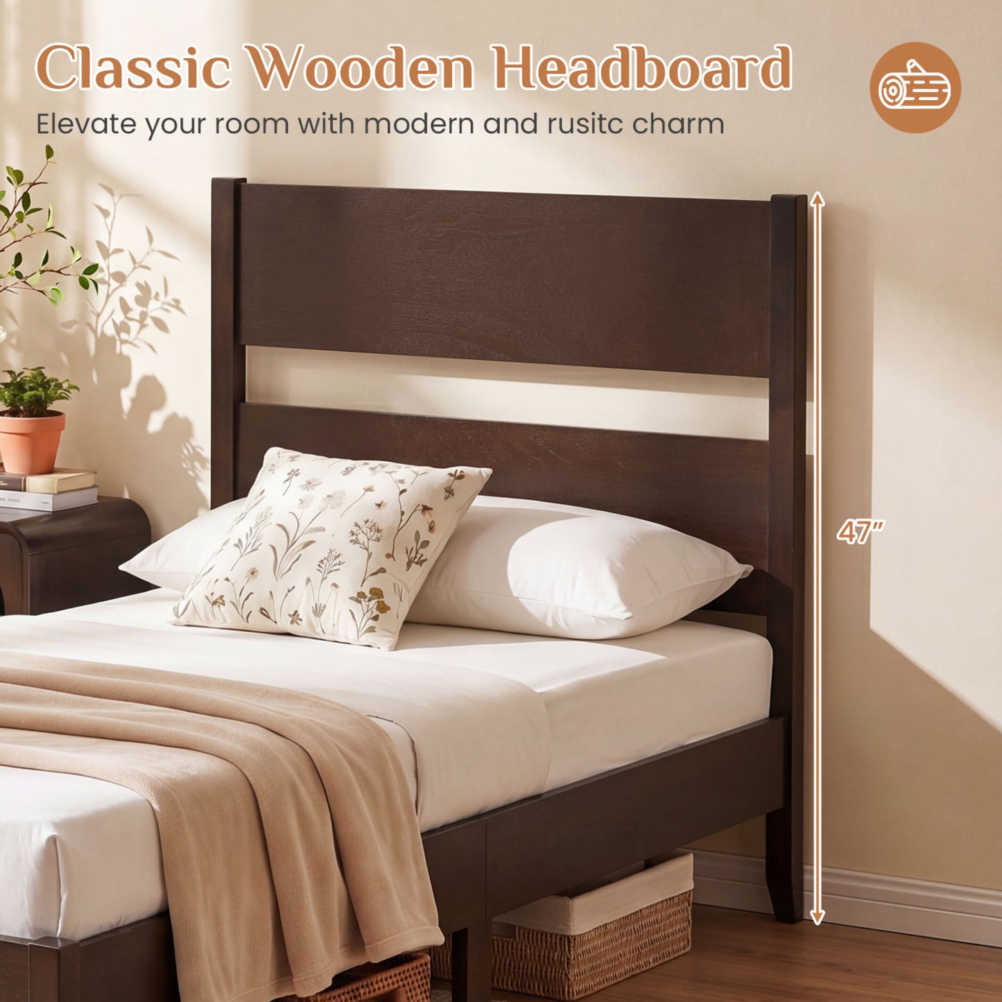 Twin Bed Frame with Headboard, Solid Wood Legs, 12 Slats, Warm Brown