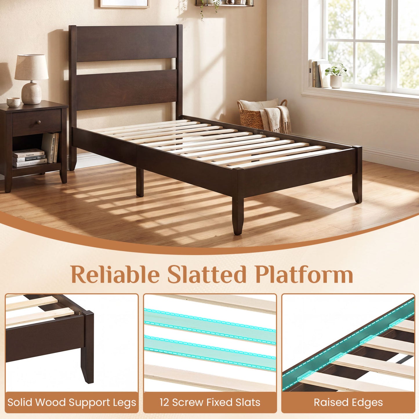 Twin Bed Frame with Headboard, Solid Wood Legs, 12 Slats, Warm Brown