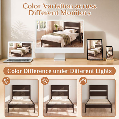 Twin Bed Frame with Headboard, Solid Wood Legs, 12 Slats, Warm Brown