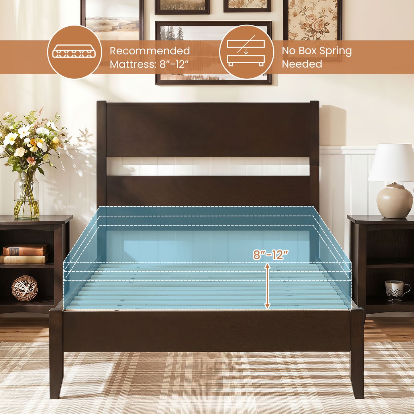 Twin Bed Frame with Headboard, Solid Wood Legs, 12 Slats, Warm Brown