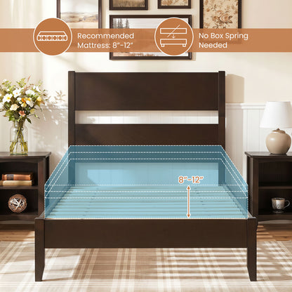 Twin Bed Frame with Headboard, Solid Wood Legs, 12 Slats, Warm Brown
