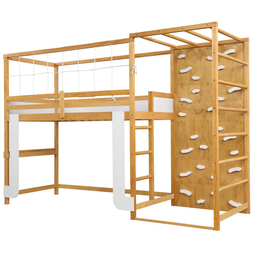 Twin Bunk Bed with Jungle Gym Wooden Loft Bed with Climbing Ladder, Natural