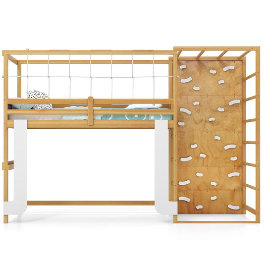 Twin Bunk Bed With Jungle Gym, Wooden Loft Bed, Climbing Ladder, Natural Bunk Bed Frame Natural at Gallery Canada