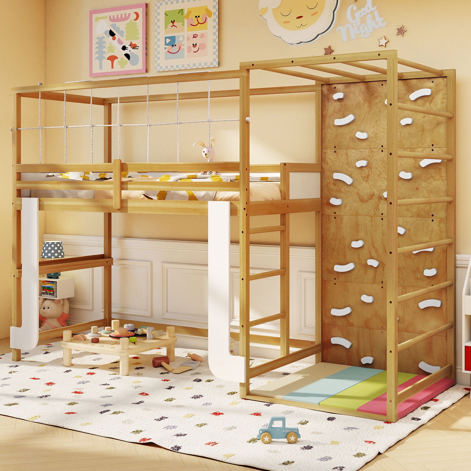 Twin Bunk Bed With Jungle Gym, Wooden Loft Bed, Climbing Ladder, Natural Bunk Bed Frame at Gallery Canada