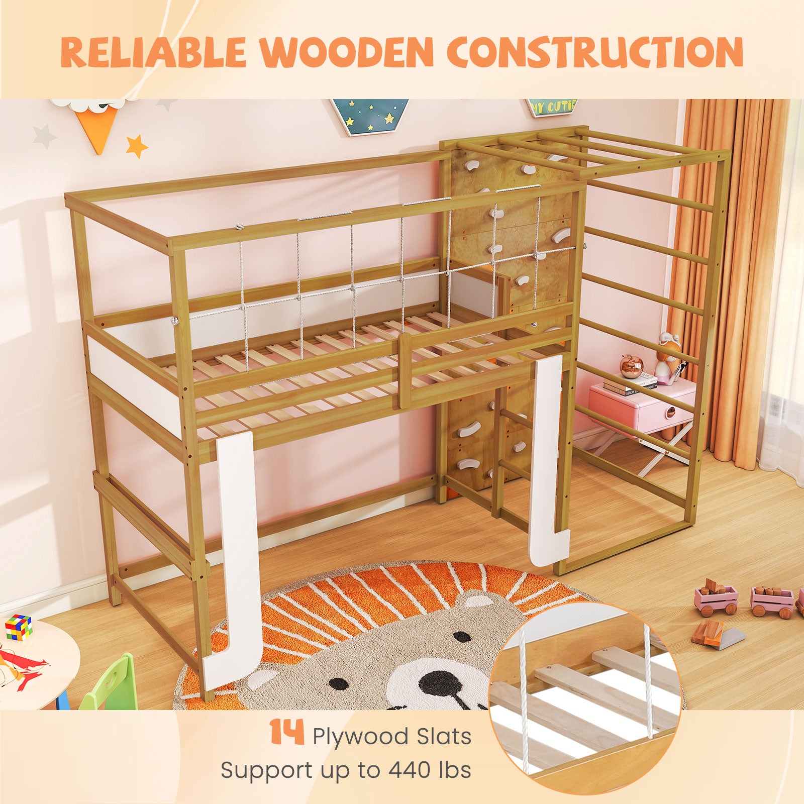 Twin Bunk Bed With Jungle Gym, Wooden Loft Bed, Climbing Ladder, Natural Bunk Bed Frame at Gallery Canada